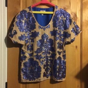 Tracy Reese for Neiman Marcus Target Blue Ecru Sequined Blouse Top $79.99 EUC S